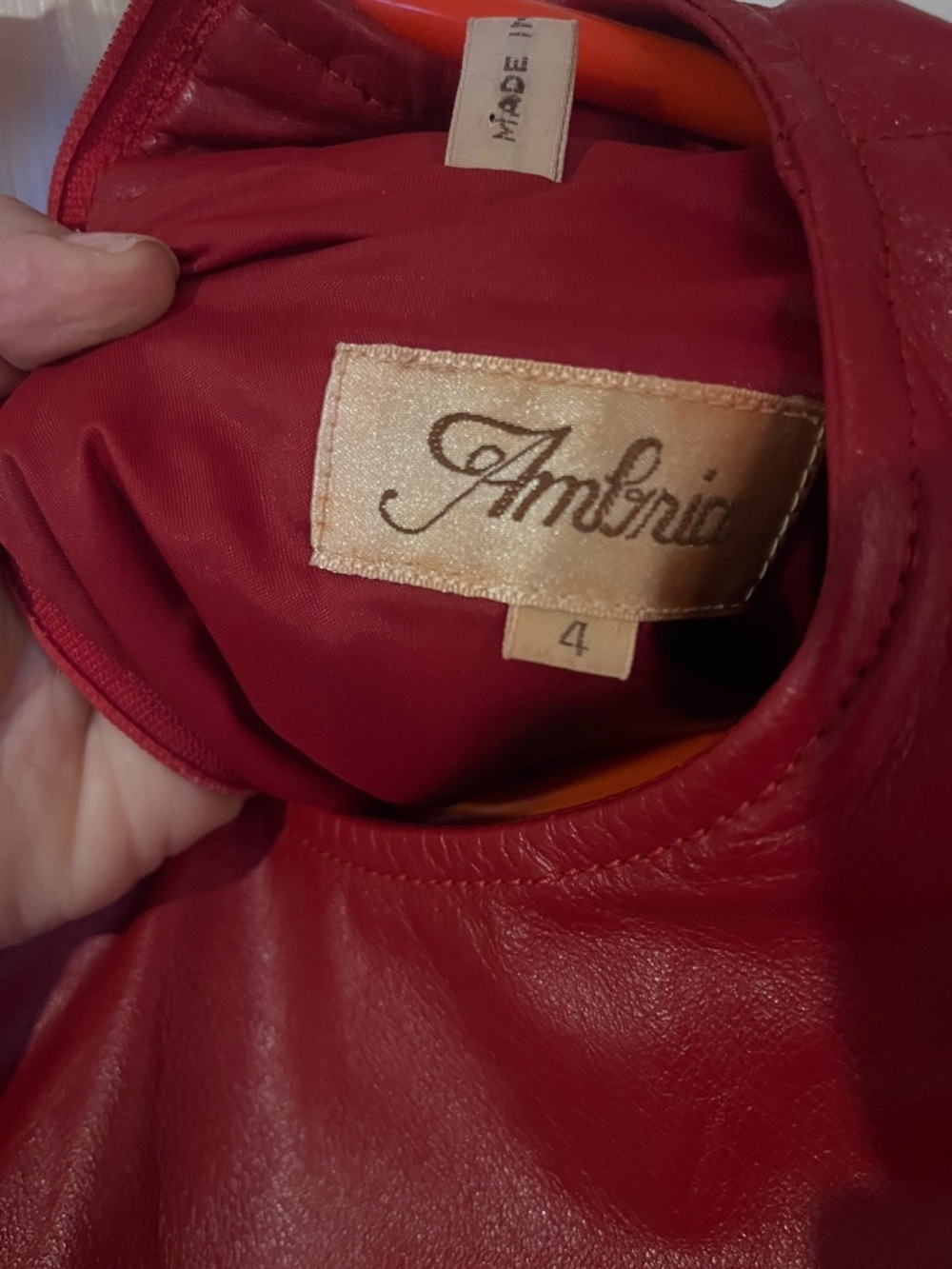 Ambria Vintage Red Leather Dress Size 4 Long Sleeve Shoulder Pads Made in Korea - Picture 2 of 5